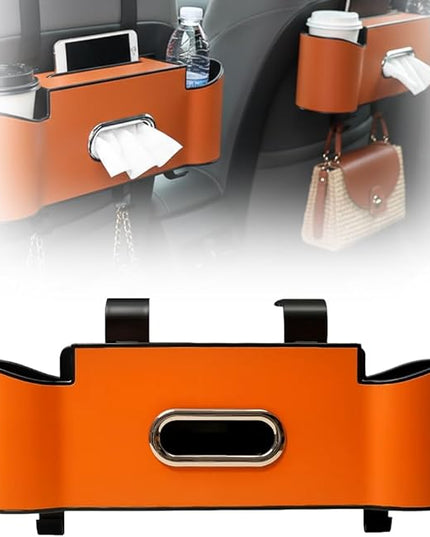3-in-1 Car Backseat Organizer with Cup Holder, 2026 New Multifunctional Car Seat Back Storage Box with Tissue Box, Trash Bin & Hooks, Car Headrest Backseat Organizer for Snacks, Drinks (Orange)