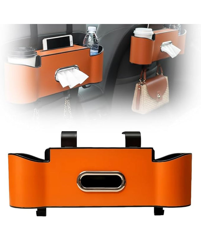 3-in-1 Car Backseat Organizer, 2026 New Multifunctional Back Seat Car Organizer with Cup Holder, Tissue Box, Trash Bin & Hooks for Hold Phones, Snacks, Drinks, Handbags (1, Orange)