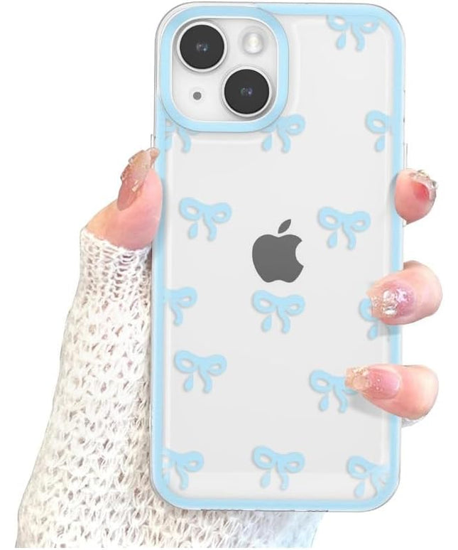 Designed for iPhone Case,Clear Cute Ribbon Bowknot Pattern Aesthetic Transparent Phone Case Raised Camera Protection Stylish Slim Soft Phone Case (Blue,iPhone 14)