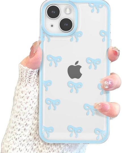 Designed for iPhone Case,Clear Cute Ribbon Bowknot Pattern Aesthetic Transparent Phone Case Raised Camera Protection Stylish Slim Soft Phone Case (Blue,iPhone 16 Plus)