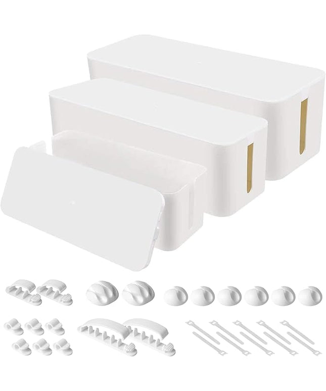 Cable Organizer Box Set of Three, Power Cover Cord Holder Surge Protector for Desk (White)