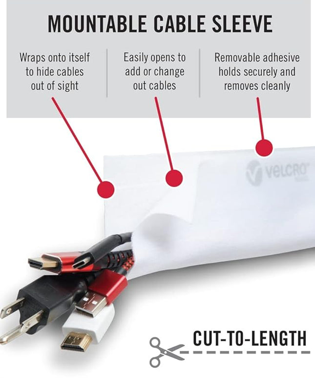 VELCRO Brand Mountable Cable Management Sleeve | Cord Hider Mounts on Walls or Desk | Pefect Wire Organizer for Home or Office | Removable Damage Free Adhesive | 12in White, 2pk, 12in - 2Pk