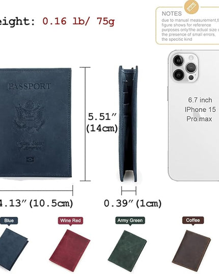 CONTACTS Full Grain Leather Passport Holder RFID Blocking Travel Passport Wallet Compatible with Airtag Passport Cover Case with 4 Card Slots, Coin Pocket (US Passport Stamp, Blue)