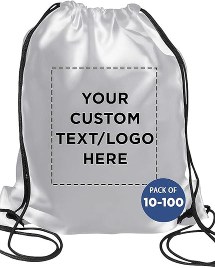 DISCOUNT PROMOS Custom Classic Polyester Drawstring Bagpack Set of 10/50/100, Personalized Bulk Pack - Great for Travelling, Gym and for Everyday Use - Silver