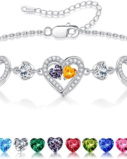 Iefil Valentines Day Gifts for Her - 925 Sterling Silver Heart Birthstone Bracelet Birthday Anniversary Jewelry Gifts for Her Wife