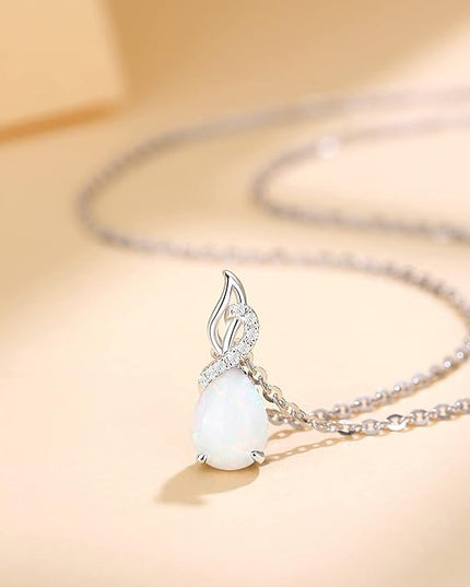 FANCIME 14K Solid White Gold Teardrop Pendant with Diamond Birthstone Necklace