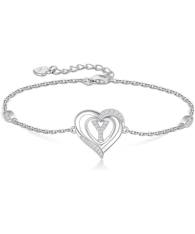 RIVIKO Heart Initial Bracelets for Women,925 Sterling Silver Letter Bracelets, Personalized Charm Alphabet Jewelry Valentines Christmas Mother’s Day Birthday Gifts for Women Friend Her Mom Wife Lady