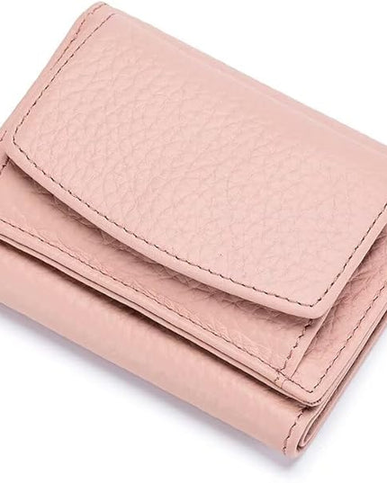 Mudono Small Wallet for Women Genuine Leather RFID Blocking Card Holder Minimalist Tri-fold Cash Wallet with Snap Coin Pouch