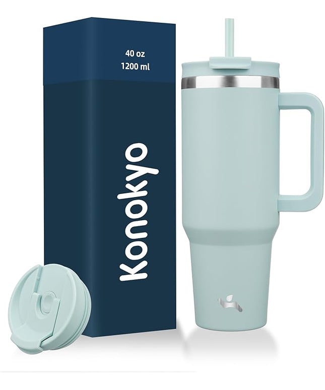 40 oz Tumbler with Handle and 2 Straws,2 in 1 Lid Insulated Water Bottle Stainless Steel Travel Coffee Mug,Blue Haze