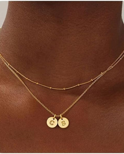 Turandoss Christmas Gifts for Grandkids - Dainty 14K Gold Plated Layered Two Letter A-Z Stack Disc Initial Necklace Trendy Birthday Personalized Gifts for Women Teen Girls Jewelry