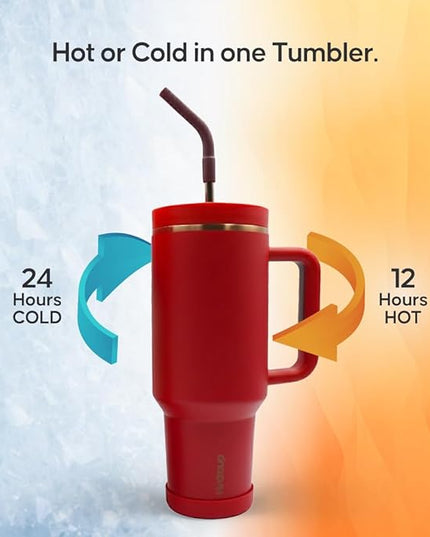 40oz Travel Tumbler Cup with Handle, Two-Way Slider Lid, Stainless Steel Straw with Silicone Tip, Vacuum Insulated Water Bottle for Hot & Cold Drinks, Great Gifts for Mom (Red Gold)