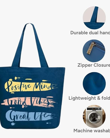 Ecoright Aesthetic Canvas Tote Bag for Women Large Zipper Tote Bags with Pocket, Womens Tote Bag for Yoga, Work, Beach