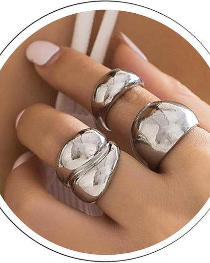GiftInBox Gold Chunky Rings Set for Women Open Stacking Knuckle Ring Adjustable Round Dome Rings Set Minimalist Irregular Statement Women Ring Jewelry Gift