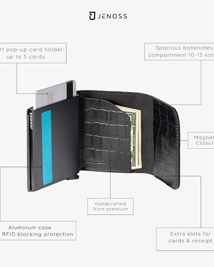 Jenoss Smart Wallet For Men: Full Grain Leather, Handcrafted, Slide Metal Pop Up Case, Slim RFID Blocking Credit Card Holder, Minimalist Compact, 6-8 Cards Organizers, Front Pocket, Money Clip (Black)