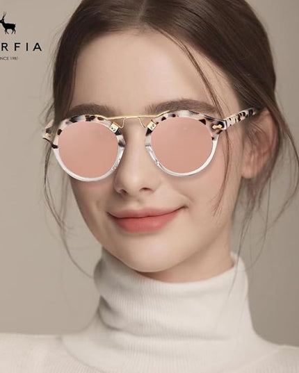 CARFIA Small Face Acetate Polarized Sunglasses for Women UV Protection, Retro Double Bridge Eyewears Metal Brow Round Sunnies