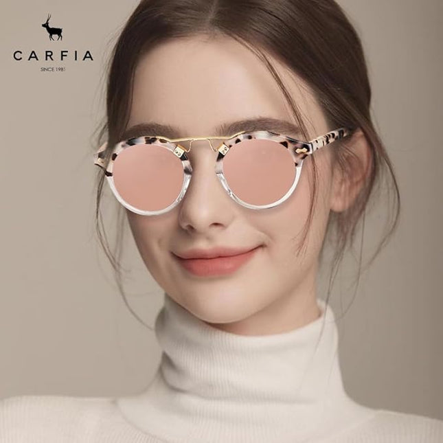 CARFIA Small Face Acetate Polarized Sunglasses for Women UV Protection, Retro Double Bridge Eyewears Metal Brow Round Sunnies