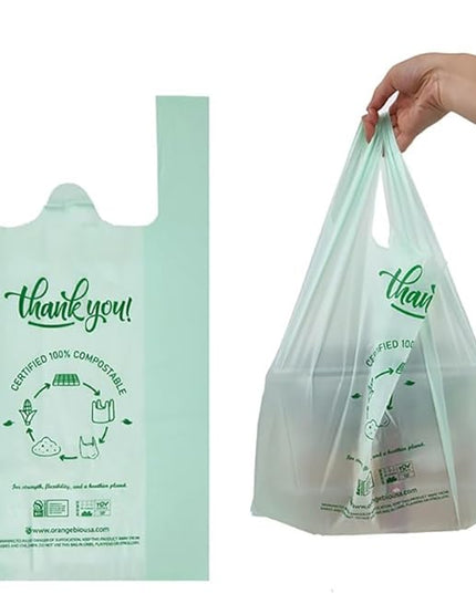 (Extra Large) OrangeBio Certified Home Compostable Shopping Bags, 500 Ct, 12" x 6" x 23", Hold 30 lbs, Thank You/Grocery/Take Out/T Shirt/To-Go Bags for Retail, Grocery Store