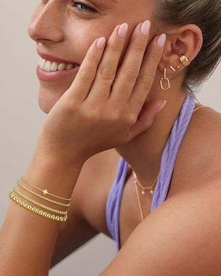 Gold Beaded Bracelets for Women, 14K Real Gold Plated Jewelry for Women Dainty Pearl Bead Bracelets Stack, Non Tarnish Trendy Stackable Ball Cross Stretch Bracelet Set Fashion Accessories Gifts