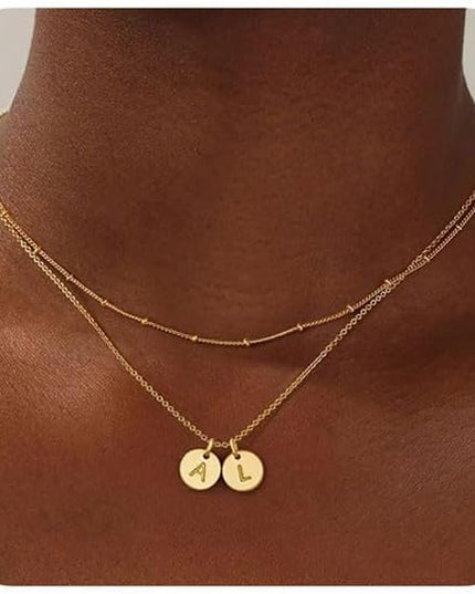 Turandoss Christmas Gifts for Grandkids - Dainty 14K Gold Plated Layered Two Letter A-Z Stack Disc Initial Necklace Trendy Birthday Personalized Gifts for Women Teen Girls Jewelry