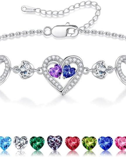 Iefil Valentines Day Gifts for Her - 925 Sterling Silver Heart Birthstone Bracelet Birthday Anniversary Jewelry Gifts for Her Wife