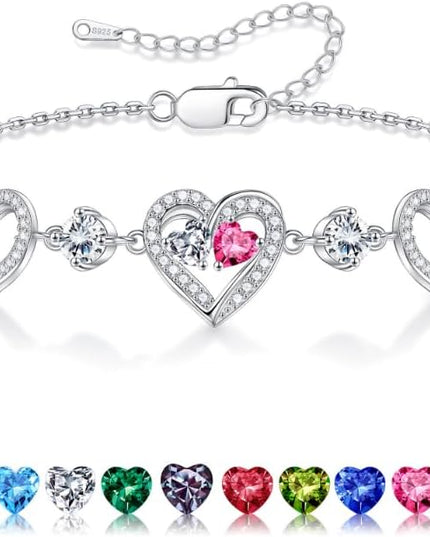 Iefil Valentines Day Gifts for Her - 925 Sterling Silver Heart Birthstone Bracelet Birthday Anniversary Jewelry Gifts for Her Wife