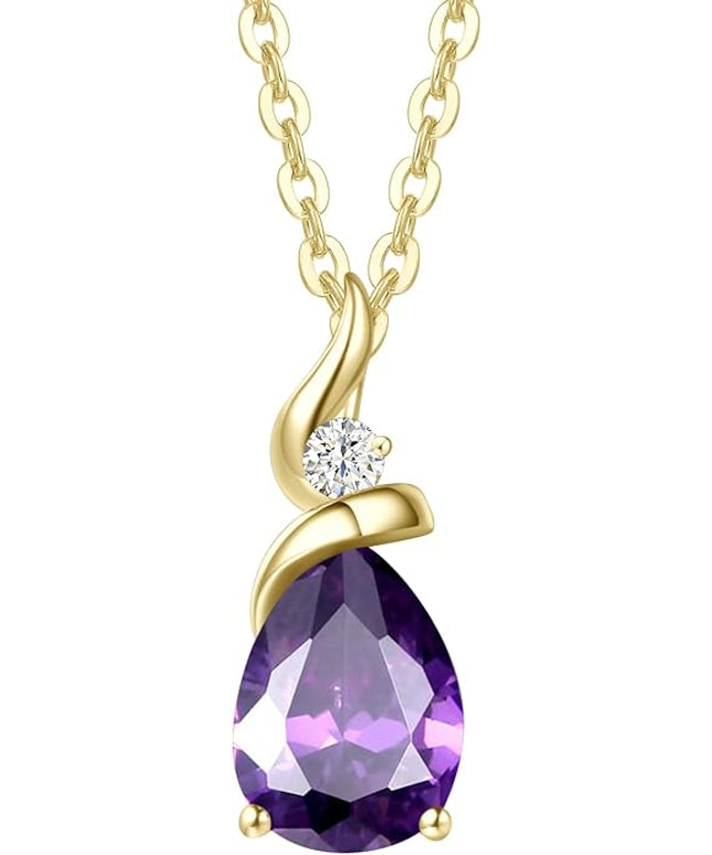 FANCIME 14K Solid Yellow Gold Birthstone Pendant Necklace for Women with Diamond Pear Shaped Teardrop Necklace Birthday Gifts for Mom Women Sterling Silver Chain 16" + 2" Extender