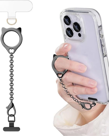Metal Cat Head Phone Finger Grip Ring Chain Lanyard Keychain Holder Heavy Duty 5KG Capacity Anti-Loss Strap Anti Theft for All Phones Keys Earbuds USB Drives with Stainless Steel Clip Tether Black