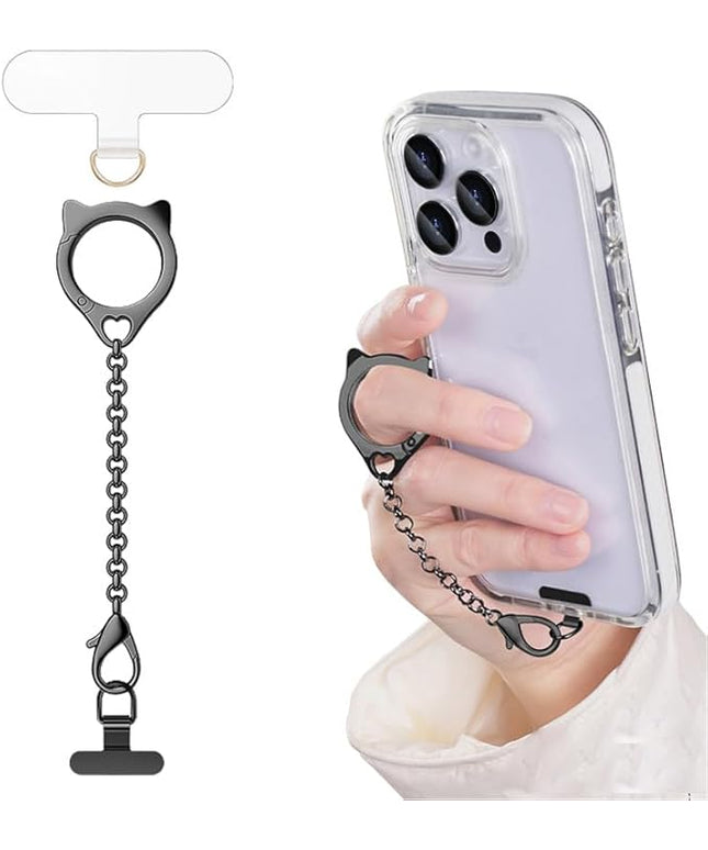 Metal Cat Head Phone Finger Grip Ring Chain Lanyard Keychain Holder Heavy Duty 5KG Capacity Anti-Loss Strap Anti Theft for All Phones Keys Earbuds USB Drives with Stainless Steel Clip Tether Black