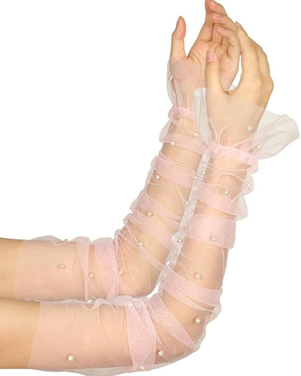 Women's Long Bridal Wedding Tulle Glove Mesh Fingerless Gloves Pearl 1920 Opera Tea Party Sheer Gloves