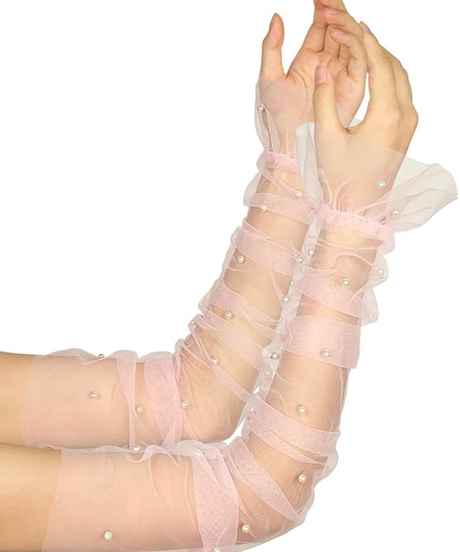 Women's Long Bridal Wedding Tulle Glove Mesh Fingerless Gloves Pearl 1920 Opera Tea Party Sheer Gloves