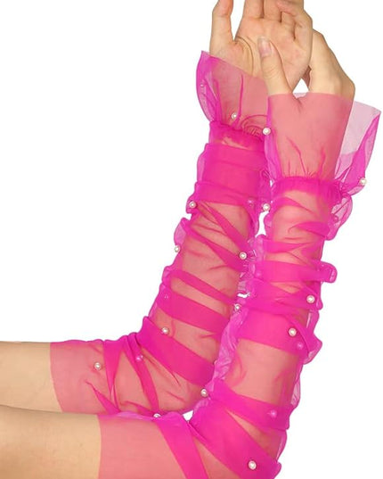 Women's Long Bridal Wedding Tulle Glove Mesh Fingerless Gloves Pearl 1920 Opera Tea Party Sheer Gloves