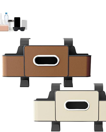 Back Seat Car Organizer,3-in-1 Car Backseat Storage Box with Cup Holder,Tissue Box,Trash Bin&Hooks,Multifunctional Waterproof Storage for Hold Phones Snacks Drinks Handbags (1, Brown+White)