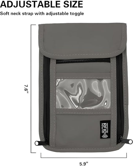 Travel Neck Wallet with RFID Blocking – Passport Holder Organizer Neck Pouch – Portable Easy to Conceal Travel Pouch (PVC Gray)
