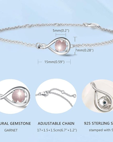FANCIME Love Bracelet 925 Sterling Silver Infinity Birthstone Bracelets for Women Fine Jewelry Birthday Christmas Gifts for Her Mom Wife, Chain Length 6.7"+1.2" Extend