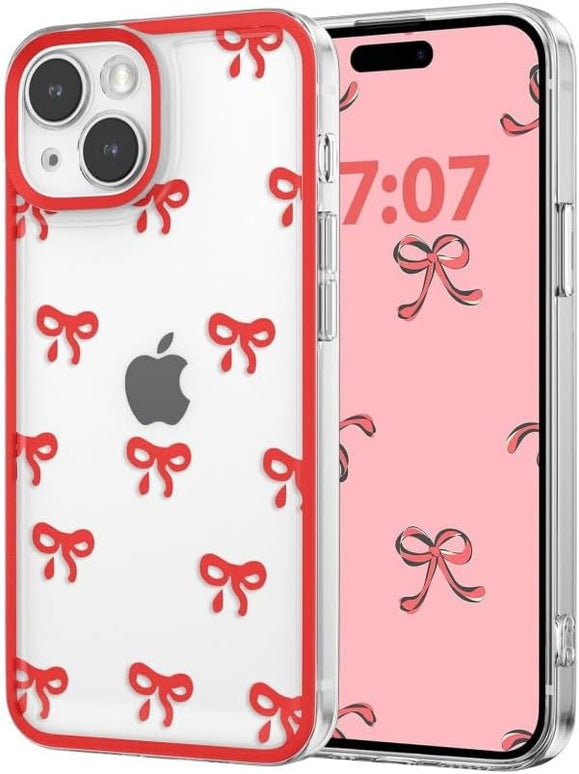 Designed for iPhone Case,Clear Cute Ribbon Bowknot Pattern Aesthetic Transparent Phone Case Raised Camera Protection Stylish Slim Soft Phone Case (Red,iPhone 15 Plus)