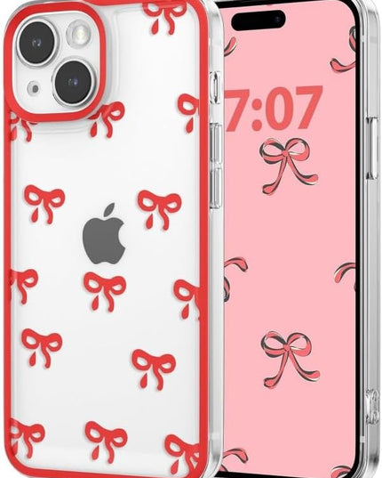 Designed for iPhone Case,Clear Cute Ribbon Bowknot Pattern Aesthetic Transparent Phone Case Raised Camera Protection Stylish Slim Soft Phone Case (Red,iPhone 16)
