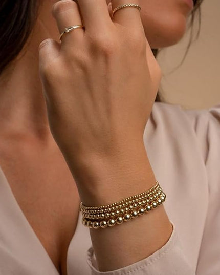 Gold Beaded Bracelets for Women, 14K Real Gold Plated Jewelry for Women Dainty Pearl Bead Bracelets Stack, Non Tarnish Trendy Stackable Ball Cross Stretch Bracelet Set Fashion Accessories Gifts