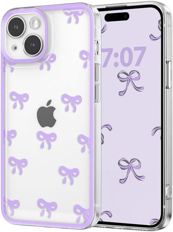 Designed for iPhone Case,Clear Cute Ribbon Bowknot Pattern Aesthetic Transparent Phone Case Raised Camera Protection Stylish Slim Soft Phone Case (Purple,iPhone 14)