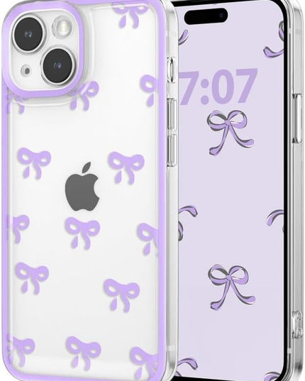 Designed for iPhone Case,Clear Cute Ribbon Bowknot Pattern Aesthetic Transparent Phone Case Raised Camera Protection Stylish Slim Soft Phone Case (Purple,iPhone 15 Pro)
