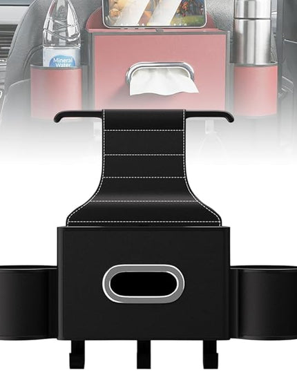 3-in-1 Car Backseat Organizer with Cup Holder, Tissue Box, Trash Bin & Hooks,Multifunctional Back Seat Car Organizer for Hold Phones, Snacks, Drinks, and Handbags (A-Black)