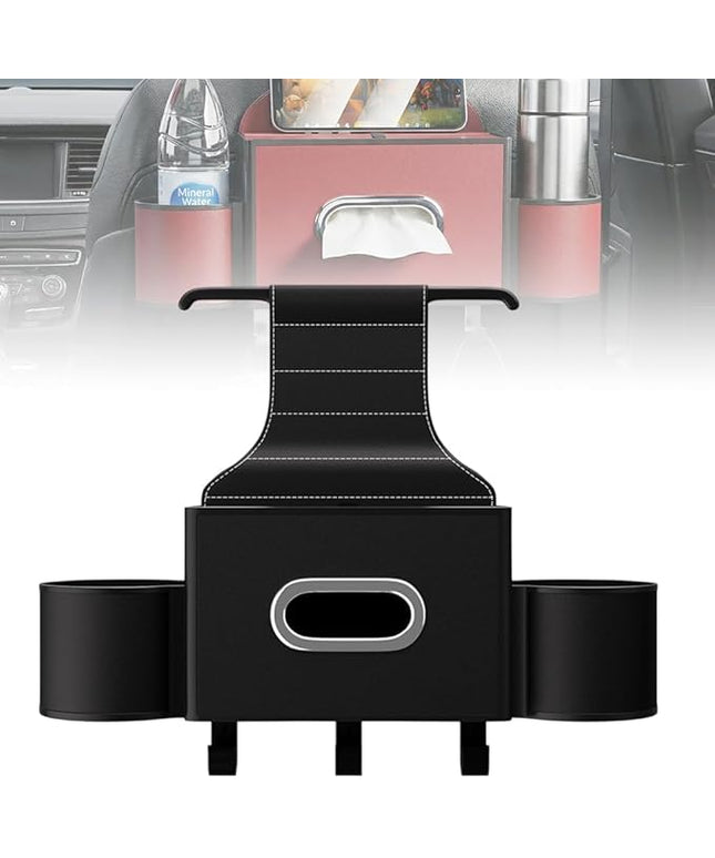 3-in-1 Car Backseat Organizer with Cup Holder, Tissue Box, Trash Bin & Hooks,Multifunctional Back Seat Car Organizer for Hold Phones, Snacks, Drinks, and Handbags (A-Black)