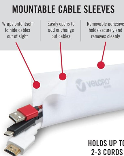 VELCRO Brand Cable Sleeves. Organize Messy Wires on Desk, Behind TV or Game Console. 16-Inch (2x8in) White. Removable Adhesive Mounts to Smooth Surfaces