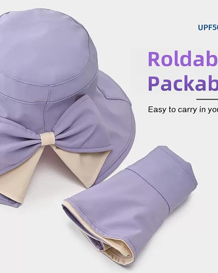 Womens Wide Brim Sun Hats UPF50+ UV Packable Beach Hat Summer Bow Decoration Bucket Cap for Travel