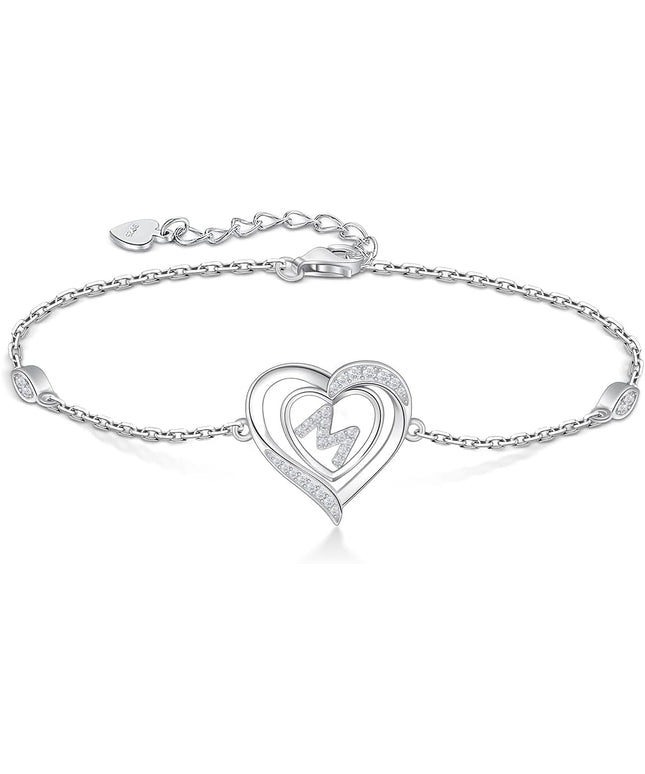 RIVIKO Heart Initial Bracelets for Women,925 Sterling Silver Letter Bracelets, Personalized Charm Alphabet Jewelry Valentines Christmas Mother’s Day Birthday Gifts for Women Friend Her Mom Wife Lady