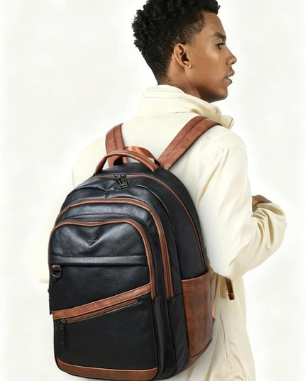 43L Backpack for Women Men - Vegan Leather Backpack Purse Travel Carry-on Bag College Bookbag Work fits 17" Laptop,Black&Brown