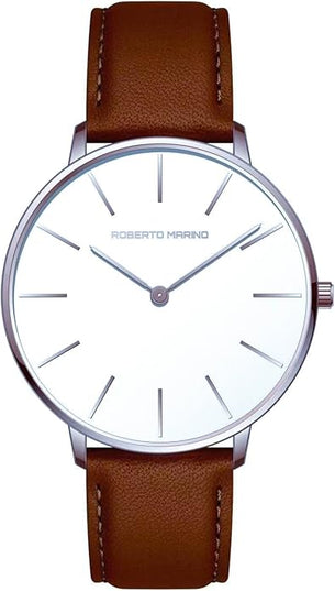 Roberto Marino RM1423 Men’s Luxury Watch – Japanese Quartz, Leather Strap, White Dial, 3 ATM Water Resistant
