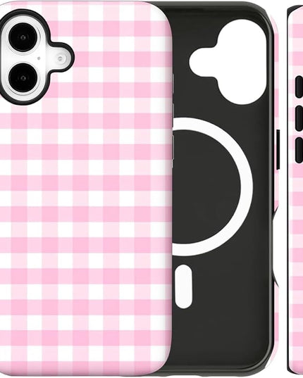 Magnetic for iPhone 17 Case Cute Checkered Stripes Phone Case for Women Girls, Shockproof Slim TPU and Hard PC Protective Phone Cover Compatible with MagSafe Designed, Pink