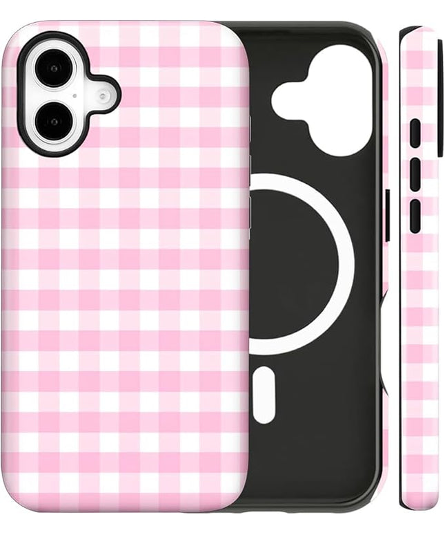 Magnetic for iPhone 16 Case Cute Checkered Stripes Phone Case for Women Girls, Shockproof Slim TPU and Hard PC Protective Phone Cover Compatible with MagSafe Designed, Pink