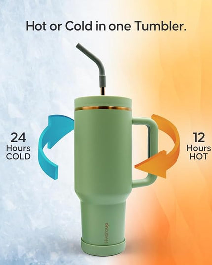 40oz Travel Tumbler Cup with Handle, Two-Way Slider Lid, Stainless Steel Straw with Silicone Tip, Vacuum Insulated Water Bottle for Hot & Cold Drinks, Great Gifts for Mom (Green Gold)