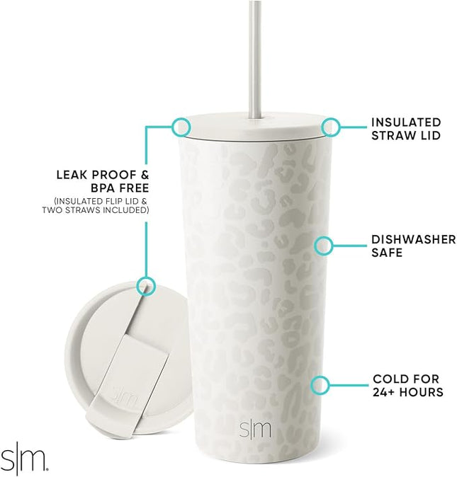 Simple Modern Insulated Tumbler with Lid and Straw | Iced Coffee Cup Reusable Stainless Steel Water Bottle Travel Mug | Gifts for Women Men Her Him | Classic Collection | 20oz | Cream Leopard